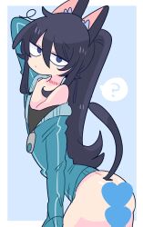 Rule 34 | 1boy, animal ears, black hair, blue eyes, censored, commentary, dog ears, dog tail, dot mouth, hand in own hair, heart, heart censor, highres, jacket, long hair, loose hair strand, male focus, op na yarou, original, partially unzipped, ponytail, single bare shoulder, single off shoulder, solo, speech bubble, tail, tank top, track jacket, trap, two-tone background, zense-kun (op na yarou)
