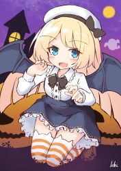 Rule 34 | 1girl, absurdres, alternate costume, bat wings, black skirt, blonde hair, blouse, blue eyes, commentary, frilled skirt, frills, full body, hat, highres, ichi (ichi.colors), jack-o&#039;-lantern, jervis (kancolle), kantai collection, kneeling, long hair, long sleeves, night, night sky, sailor hat, shirt, skirt, sky, smile, solo, striped clothes, striped thighhighs, thighhighs, white hat, white shirt, wings