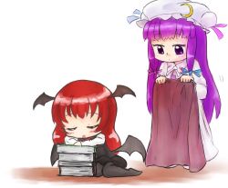 Rule 34 | 2girls, :o, bat wings, black legwear, blanket, blush stickers, book, book stack, bow, chibi, covering with blanket, crescent, crescent hair ornament, double bun, hair bow, hair bun, hair ornament, hat, hat ribbon, head wings, koakuma, long hair, long sleeves, looking at another, low wings, mob cap, multiple girls, no shoes, pantyhose, patchouli knowledge, purple eyes, purple hair, red hair, ribbon, robe, sidelocks, simple background, sitting, skirt, sleeping, touhou, vest, white background, wings, yokozuwari, yururizumu