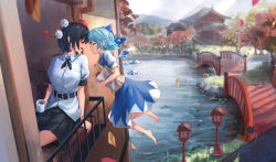 Rule 34 | 2girls, architecture, balcony, belt, black hair, black neckwear, black skirt, blue dress, blue hair, bow, bread, bridge, building, cirno, coffee mug, collared shirt, commentary request, cup, dress, east asian architecture, closed eyes, flying, food, forehead-to-forehead, garden, hair bow, hat, heads together, holding, holding cup, ice, ice wings, mug, multiple girls, neck ribbon, open mouth, pleated skirt, pointy ears, pom pom (clothes), red neckwear, ribbon, roke (taikodon), scenery, shameimaru aya, shirt, short hair, short sleeves, sitting, skirt, smile, tokin hat, touhou, tree, water, white shirt, wing collar, wings, yuri