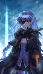Rule 34 | 1girl, arm ribbon, armband, bad id, bad pixiv id, black hair, black skirt, blonde hair, blunt bangs, braid, brown eyes, brown hair, cloak, cloud, commentary, dusk, eyepatch, floating hair, girls&#039; frontline, highres, jacket, light, light beam, light particles, long hair, looking afar, m16a1 (boss) (girls&#039; frontline), m16a1 (girls&#039; frontline), mole, mole under eye, multicolored hair, necktie, open mouth, red ribbon, ribbon, scar, scar across eye, scar on face, shirt, sidelocks, single braid, skirt, snow, snowing, solo, spoilers, strap, streaked hair, thigh strap, thighs, torn clothes, white shirt, wind, xanax025