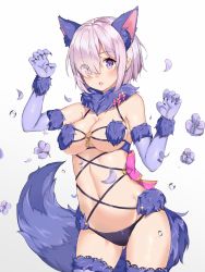 Rule 34 | 1girl, :o, animal ears, bare shoulders, blush, bow, breasts, claw pose, cleavage, contrapposto, cowboy shot, detached collar, elbow gloves, eyes visible through hair, fate/grand order, fate (series), flower, fur-trimmed gloves, fur-trimmed legwear, fur collar, fur trim, gloves, gluteal fold, hair flower, hair ornament, hair over one eye, hands up, legs apart, looking at viewer, mash kyrielight, mash kyrielight (dangerous beast), medium breasts, navel, noboru (kamine204136), official alternate costume, open mouth, petals, pink bow, pink hair, purple gloves, revealing clothes, short hair, solo, standing, stomach, tail, wolf ears, wolf tail