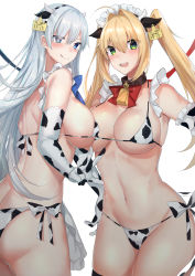 Rule 34 | 2girls, absurdres, ahoge, anastasia (fate), animal ears, animal print, bad id, bad pixiv id, bare shoulders, bikini, blonde hair, blue eyes, blush, breasts, cleavage, collar, collarbone, cow ears, cow horns, cow print, elbow gloves, fate/extra, fate/grand order, fate (series), gloves, green eyes, hair intakes, hair over one eye, hairband, highres, hitomin (ksws7544), horns, large breasts, leash, long hair, looking at viewer, multiple girls, navel, nero claudius (fate), nero claudius (fate) (all), nero claudius (fate/extra), revision, silver hair, simple background, smile, swimsuit, twintails, white background, white bikini, white gloves
