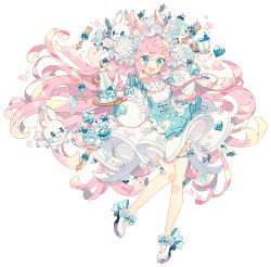Rule 34 | 1girl, absurdres, animal, animal ears, blue butterfly, blue skirt, bow, braid, bug, butterfly, cup, dress, flower, food, fork, full body, heart, highres, holding, holding tray, insect, long hair, macaron, original, pink hair, puffy sleeves, rabbit, skirt, solo, spoon, standing, teapot, thigh strap, tray, uekura eku, very long hair, white background, white footwear, wrist cuffs