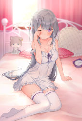 Rule 34 | 1girl, bed sheet, blurry, blurry background, breasts, character doll, cleavage, collarbone, curtains, dress, echiru39, emilia (re:zero), evening gown, frilled pillow, frills, heart, heart-shaped pillow, highres, indoors, long hair, medium breasts, neck ribbon, on bed, one eye closed, pillow, pointy ears, puck (re:zero), purple eyes, purple ribbon, re:zero kara hajimeru isekai seikatsu, ribbon, short dress, silver hair, sitting, sleeveless, sleeveless dress, solo, stuffed animal, stuffed cat, stuffed toy, thighhighs, very long hair, white dress, white thighhighs, zettai ryouiki
