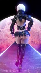 Rule 34 | 1girl, 3d, 60fps, almightypatty, alternate costume, android, animated, ass, ass shake, backboob, backless outfit, boots, breasts, curvy, from behind, hair ornament, hairband, hand on own hip, high heels, highres, huge ass, jiggle, looping animation, medium breasts, microskirt, miniskirt, nier:automata, nier (series), shiny clothes, shiny skin, short hair, skirt, solo, tagme, thick thighs, thigh boots, thighhighs, thighs, thong, video, walking, white hair, 2b (nier:automata)