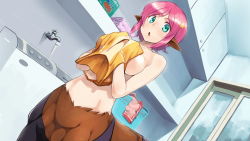 Rule 34 | 1girl, animal ears, artist request, blue eyes, breasts, centaur, covering privates, covering breasts, eyebrows hidden by hair, faucet, game cg, hair ornament, horse ears, indoors, laundry basket, looking at viewer, medium breasts, monster musume no iru nichijou, monster musume no iru nichijou online, official art, open mouth, pink hair, short hair, sideboob, solo, star (symbol), star hair ornament, tank top, taur, top-load washing machine, topless, tsen (monster musume), washing machine, yellow tank top
