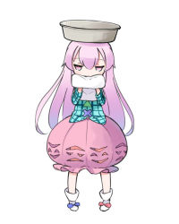 Rule 34 | 1girl, bow, bowl, bubble skirt, expressionless, hata no kokoro, long hair, long sleeves, nakashino setsu, object on head, pink eyes, pink hair, plaid, plaid shirt, shirt, simple background, skirt, solo, touhou, towel, very long hair, white background, wide sleeves, wiping face