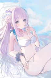 Rule 34 | 1girl, absurdres, bikini, blue archive, blush, breasts, cleavage, closed mouth, cloud, day, feathered wings, flower, hair bun, highres, long hair, looking at viewer, medium breasts, mika (blue archive), outdoors, pink hair, purple flower, scrunchie, single side bun, sketch, sky, solo, swimsuit, ume (plumblossom), unfinished, very long hair, white bikini, wings, wrist scrunchie, yellow eyes