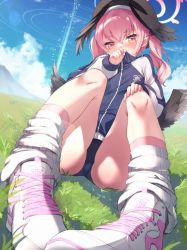 Rule 34 | 1girl, blue archive, blush, buruma, cloud, commentary request, grass, halo, hat, hato haru, head wings, koharu (blue archive), looking at viewer, medium hair, pink hair, shoes, short twintails, sitting, sky, solo, sportswear, sweatdrop, twintails, winged hat, wings