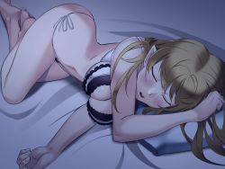 Rule 34 | 1girl, bed, blonde hair, bra, breasts, charlotte buettenfelt, cleavage, closed eyes, frilled bra, frills, game cg, gokkun vampire princess, long hair, lying, nana g, on side, open mouth, panties, pillow, pointy ears, side-tie panties, sleeping, solo, source request, underwear