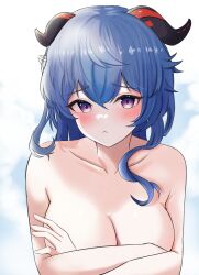 Rule 34 | 1girl, absurdres, black horns, blue hair, blush, breasts, cleavage, closed mouth, collarbone, commentary request, crossed arms, embarrassed, frown, ganyu (genshin impact), genshin impact, goat horns, highres, horns, large breasts, leofish yt, long hair, looking at viewer, nude, purple eyes, solo, upper body