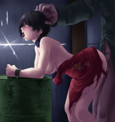 Rule 34 | 1girl, ada wong, ass, back, bare shoulders, barrel, bent over, black hair, blush, breasts, breasts out, brown eyes, censored, cuffs, dress, from side, grabbing another&#039;s hair, highres, large breasts, legs, looking away, mosaic censoring, mr x, nipples, no bra, no panties, open mouth, penis, rape, resident evil, resident evil 4, saliva, sex, sex from behind, short hair, solo focus, sweat, tears, thighs, thor (deep rising), tongue, tongue out, torn clothes, vaginal