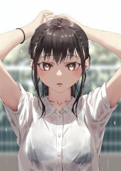 Rule 34 | 1girl, adjusting hair, blurry, blurry background, bra visible through clothes, brown eyes, buttons, collarbone, jonsun, looking at viewer, original, parted lips, see-through, shiori (jonsun), shirt, short sleeves, solo, upper body, wet, wet clothes, wet hair, wet shirt
