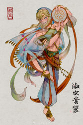 Rule 34 | 1boy, absurdres, alternate costume, arabian clothes, armlet, bare shoulders, barefoot sandals (jewelry), blonde hair, blue eyes, blue pants, blue veil, chinese commentary, commentary request, crop top, crossdressing, full body, gold necklace, gold ring, green shawl, green shirt, grey background, highres, holding, holding instrument, instrument, jewelry, jiuminene, leg up, link, looking at viewer, male focus, medium hair, midriff, multiple rings, necklace, nintendo, open mouth, pants, puffy pants, ring, shirt, simple background, sleeveless, sleeveless shirt, smile, solo, tambourine, teeth, the legend of zelda, the legend of zelda: tears of the kingdom, toes, weibo watermark