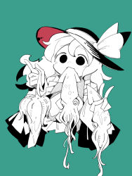 Rule 34 | 1girl, animal, aqua background, black hat, bow, commentary request, cropped torso, frilled shirt collar, frills, hands up, hat, hat bow, hatching (texture), highres, holding, holding animal, komeiji koishi, limited palette, linear hatching, long hair, massakasama, mouth hold, partially colored, red hat, shirt, simple background, sketch, solo, squid, touhou, v