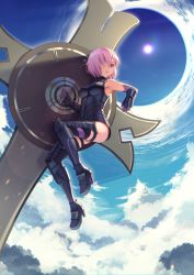 Rule 34 | 1girl, absurdres, bodysuit, boots, breasts, cloud, cloudy sky, day, elbow gloves, fate/grand order, fate (series), full body, fur trim, gauntlets, gloves, goback, hair over one eye, highres, huge filesize, large breasts, light purple hair, mash kyrielight, purple eyes, purple hair, shield, short hair, sky, solo, sun, thigh boots, thigh strap, thighhighs