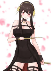 Rule 34 | 1girl, bare shoulders, black dress, black hair, black thighhighs, blood, bloody weapon, blurry, blurry background, blush, breasts, cleavage, closed mouth, collarbone, covered navel, cowboy shot, crystal shoujo, dagger, dress, dual wielding, earrings, gold, gold earrings, gold hairband, hairband, highres, holding, holding dagger, holding knife, holding weapon, jewelry, knife, large breasts, long hair, petals, raised eyebrows, red eyes, rose petals, sidelocks, sleeveless, sleeveless dress, solo, spy x family, thighhighs, two-sided dress, two-sided fabric, weapon, yor briar, zettai ryouiki