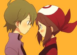 Rule 34 | 00s, 1boy, 1girl, bad id, bad pixiv id, bandana, blue eyes, blush, brown hair, creatures (company), drew (pokemon), eye contact, face-to-face, game freak, green eyes, green hair, looking at another, lowres, may (pokemon), nintendo, ochappa, orange background, pokemon, pokemon (anime), pokemon rse, pokemon rse (anime), popped collar, short hair, simple background