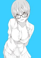 Rule 34 | 1girl, blush, breasts, citron 0225, cleavage, commentary request, glasses, go-toubun no hanayome, highres, large breasts, looking at viewer, monochrome, nakano ichika, open clothes, open shirt, parted lips, pleated skirt, school uniform, short hair, skirt, solo, teeth