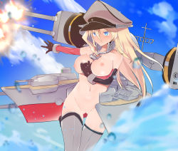 Rule 34 | 1girl, bare shoulders, bismarck (kancolle), black gloves, blonde hair, blue eyes, blue sky, blush, caburi, caburi aki, cleft of venus, closed mouth, cloud, cloudy sky, day, elbow gloves, female focus, gloves, gluteal fold, hair between eyes, hat, highres, kantai collection, long hair, machinery, navel, nipples, outdoors, pussy, sky, solo, tears, thighhighs, uncensored, v-shaped eyebrows, weapon
