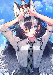 Rule 34 | 1girl, absurdres, animal ear fluff, animal ears, arms up, black hair, black necktie, blue eyes, blush, brown eyes, closed mouth, earrings, grey necktie, grey wolf (kemono friends), heterochromia, highres, huge filesize, jewelry, kemono friends, long hair, looking at viewer, multicolored hair, multicolored neckwear, nail polish, necktie, ponta (matsuokazieg), red nails, smile, solo, tongue, tongue out, white hair, wolf ears