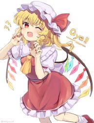 Rule 34 | 1girl, ascot, blonde hair, blush, collared shirt, crystal, fang, fingernails, flandre scarlet, frilled shirt collar, frills, hat, highres, long hair, mob cap, nail polish, one eye closed, one side up, open mouth, ramudia (lamyun), red eyes, red nails, red skirt, red vest, shirt, short sleeves, side ponytail, simple background, skin fang, skirt, smile, solo, touhou, twitter username, vest, white background, white hat, white shirt, wings, yellow ascot