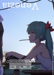 Rule 34 | 1girl, aqua hair, artist name, bag, barcode, bare arms, bare shoulders, blue sky, blurry, blurry background, dated, day, depth of field, frilled shirt, frills, from side, green eyes, hair ribbon, hatsune miku, highres, italian text, leaning forward, long hair, mouth hold, outdoors, profile, red ribbon, ribbon, shirt, sky, sleeveless, sleeveless shirt, solo, table, tareme, twintails, upper body, vocaloid, water, white shirt, zhayin-san