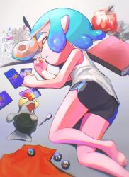Rule 34 | 1girl, ass, azkrock, barefoot, black shorts, blue hair, book, closed eyes, domino mask, feet, fish, highres, inkling, inkling girl, inkling player character, legs, lying, mask, nintendo, on side, pen, pointy ears, shirt, short hair, short shorts, shorts, sleeping, sleeveless, sleeveless shirt, smallfry (splatoon), soles, splatoon (series), splatoon 3, suction cups, tears, tentacle hair, thighs, toes, white shirt