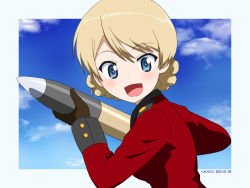 Rule 34 | 1girl, :d, artist name, black gloves, blonde hair, blue eyes, border, braid, commentary request, darjeeling (girls und panzer), dated, girls und panzer, gloves, holding, jacket, long sleeves, looking at viewer, military, military uniform, naotosi, open mouth, outside border, partial commentary, red jacket, short hair, smile, solo, st. gloriana&#039;s military uniform, tank shell, twin braids, uniform, upper body, white border