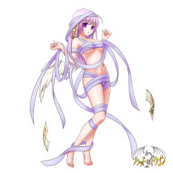 Rule 34 | 1girl, angel, angel wings, bandages, mummy, musora, original, pink hair, purple eyes, talisman, white background, wings