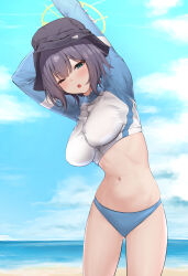 Rule 34 | 1girl, ;o, absurdres, arms up, beach, bikini, bikini bottom only, blue archive, blue bikini, blush, breasts, bucket hat, halo, hat, highres, hkuran, large breasts, looking at viewer, navel, official alternate costume, one eye closed, outdoors, purple hair, raglan sleeves, rash guard, saki (blue archive), saki (swimsuit) (blue archive), solo, stomach, stretching, swimsuit