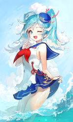 Rule 34 | 1girl, ;d, bare arms, bare shoulders, blue eyes, blue hair, blue skirt, hand up, hat, hatsune miku, highres, liquid hair, long hair, looking at viewer, miniskirt, multicolored nails, nail polish, neckerchief, one eye closed, open mouth, sailor collar, sailor hat, shirt, skirt, sleeveless, sleeveless shirt, smile, solo, soyoong jun, twintails, vocaloid, wading, water, wet, white shirt