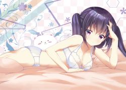 Rule 34 | 1girl, ass, bad id, bad pixiv id, bare legs, bed sheet, bra, breasts, checkered background, cleavage, collarbone, commentary request, expressionless, flower, gochuumon wa usagi desu ka?, hand in own hair, hexagon, highres, kohakugin, lace, lace-trimmed bra, lace trim, lingerie, looking at viewer, lying, medium breasts, on stomach, panties, pillow, purple eyes, purple hair, rabbit, sidelocks, tedeza rize, thighs, tippy (gochiusa), twintails, underwear, underwear only, white bra, white panties