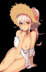 Rule 34 | 1girl, alternate hairstyle, arm at side, arm support, bad id, bad pixiv id, bare legs, bare shoulders, barefoot, black background, blue eyes, blush, bottomless, breasts, chaos (dungeon and fighter), cleft of venus, clothes down, collarbone, dress, dungeon and fighter, female pubic hair, fingernails, flower, hair between eyes, hand on own chin, hand up, hat, hat flower, heterochromia, highres, knight (dungeon and fighter), large breasts, leaf, long fingernails, long hair, looking at viewer, nipples, no bra, no panties, off shoulder, open mouth, orange eyes, pink flower, pink hair, pointy ears, ponytail, pubic hair, puffy short sleeves, puffy sleeves, pussy, shah, short dress, short sleeves, sidelocks, simple background, sitting, solo, straw hat, sun hat, sweat, teeth, uncensored, yokozuwari