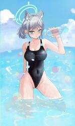 Rule 34 | absurdres, animal ear fluff, animal ears, black one-piece swimsuit, blue archive, blue eyes, blue sky, bottle, breasts, cleavage, cloud, competition swimsuit, covered navel, cross hair ornament, day, extra ears, gokusaishiki, grey hair, hair ornament, halo, highleg, highleg swimsuit, highres, kneeling, low ponytail, medium breasts, medium hair, mismatched pupils, multicolored clothes, multicolored swimsuit, official alternate costume, one-piece swimsuit, outdoors, shiroko (blue archive), shiroko (swimsuit) (blue archive), sky, standing, swimsuit, wading, water, wolf ears