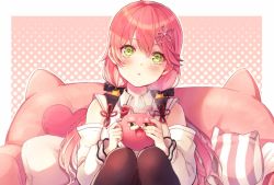 Rule 34 | 1girl, 428 itsuki, ahoge, alternate costume, animal print, blush, cat print, couch, cup, green eyes, hair ornament, hairclip, heart, heart-shaped pillow, highres, holding, holding cup, hololive, kintoki (sakura miko), official alternate costume, pillow, pink hair, polka dot, polka dot background, sakura miko, sakura miko (casual), sitting, virtual youtuber