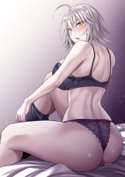 Rule 34 | 1girl, absurdres, ahoge, ass, bare arms, bare shoulders, bed sheet, black legwear, blush, bra, fate/grand order, fate (series), from behind, gradient background, hair between eyes, highres, ijima yuu, jeanne d&#039;arc (fate), jeanne d&#039;arc alter (avenger) (fate), jeanne d&#039;arc alter (fate), knee up, looking at viewer, looking back, open mouth, panties, purple background, purple bra, purple panties, short hair, silver hair, sitting, solo, thighs, underwear, yellow eyes