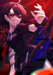 Rule 34 | 1girl, ahoge, asymmetrical wings, black dress, black hair, blue wings, breasts, buttons, center frills, chromatic aberration, closed eyes, cowboy shot, dress, frills, glitch, grin, hair between eyes, highres, holding, holding polearm, holding weapon, houjuu nue, looking at viewer, medium breasts, pointy ears, polearm, red eyes, red wings, short dress, short hair, short sleeves, smile, snake, solo, touhou, trident, wanko sora, weapon, wings, wristband