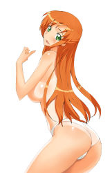 Rule 34 | 00s, 1girl, a1 (initial-g), ass, back, breasts, code geass, from side, green eyes, long hair, looking at viewer, looking back, one-piece tan, orange hair, panties, shirley fenette, simple background, solo, standing, tan, tanline, topless, underwear, white background