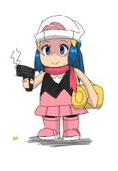 Rule 34 | 1girl, :&gt;, angry, bare arms, beanie, black shirt, blue hair, boots, chibi, creatures (company), dawn (pokemon), empty eyes, full body, game freak, grey eyes, gun, hair ornament, hat, highres, holding, holding gun, holding weapon, jewelry, long hair, looking at viewer, looking to the side, nintendo, pink footwear, pink skirt, pokemon, pokemon bdsp, red scarf, rider 117, scarf, shirt, simple background, skirt, sleeveless, sleeveless shirt, solo, standing, staring, weapon, what, white background, white hat