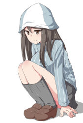 Rule 34 | 1girl, blue hat, blue shirt, brown eyes, brown footwear, brown hair, closed mouth, commentary, dress shirt, eyebrows visible through hat, full body, girls und panzer, grey skirt, grey socks, hat, highres, keizoku school uniform, loafers, long hair, long sleeves, looking at viewer, mika (girls und panzer), miniskirt, nenosame, pleated skirt, school uniform, shadow, shirt, shoes, simple background, skirt, smile, socks, solo, squatting, striped clothes, striped shirt, vertical-striped clothes, vertical-striped shirt, white background, white shirt