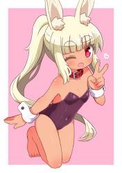 Rule 34 | 1girl, ;d, animal ear fluff, animal ears, bare legs, bare shoulders, barefoot, blonde hair, blush, breasts, collar, collarbone, commentary request, covered navel, dark-skinned female, dark skin, etrian odyssey, full body, hand up, heart, heart-shaped pupils, highres, leotard, long hair, looking at viewer, masurao (sekaiju), masurao 2 (sekaiju), naga u, one eye closed, open mouth, pink background, ponytail, purple leotard, rabbit ears, red collar, red eyes, sekaiju no meikyuu, sekaiju no meikyuu 5, short eyebrows, small breasts, smile, solo, strapless, strapless leotard, symbol-shaped pupils, thick eyebrows, two-tone background, v, very long hair, white background, wrist cuffs