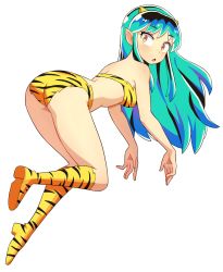 Rule 34 | 1girl, animal print, ass, bare shoulders, bikini, blush, boots, breasts, commentary, cone horns, flowers-imh, from behind, full body, green hair, highres, horns, knee boots, long hair, looking at viewer, lum, medium breasts, oni, pointy ears, simple background, solo, strapless, swimsuit, tiger print, urusei yatsura, white background