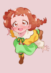 Rule 34 | 1girl, :d, absurdres, arisugawa himari, blouse, blush, boots, braid, brown eyes, brown footwear, brown hair, collarbone, commentary request, female focus, forehead, foreshortening, from above, full body, green ribbon, green skirt, green socks, happy, highres, kirakira precure a la mode, long hair, looking at viewer, looking up, low-braided long hair, low-tied long hair, matching hair/eyes, multicolored shirt, neck ribbon, nose blush, open mouth, pink background, precure, ribbon, shirt, simple background, skirt, smile, socks, solo, tankobukids, teeth, thick eyebrows, twin braids, upper teeth only, walking, white shirt, yellow shirt