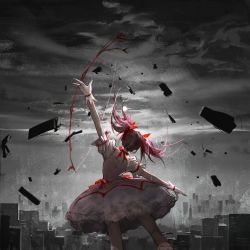Rule 34 | 1girl, bow, bow (weapon), bubble skirt, building, chinese commentary, choker, city, cityscape, commentary request, dress, dress bow, facing away, feet out of frame, floating hair, frilled skirt, frilled sleeves, frills, from behind, gloves, grey background, grey sky, hair bow, highres, holding, holding bow (weapon), holding weapon, kaname madoka, magical girl, mahou shoujo madoka magica, mahou shoujo madoka magica (anime), monochrome background, outstretched arms, overcast, pink dress, pink hair, pioneer07, puffy short sleeves, puffy sleeves, red bow, red choker, short hair, short sleeves, short twintails, skirt, sky, solo, twintails, weapon, white gloves, white skirt
