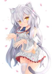 Rule 34 | 1girl, ahoge, animal ears, bare shoulders, bell, blush, copyright request, hands up, highres, hiyada yuu, jingle bell, long hair, looking at viewer, open mouth, petals, silver hair, simple background, single thighhigh, skirt, solo, tail, thighhighs, very long hair, white background, yellow eyes