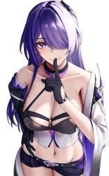 Rule 34 | 1girl, acheron (honkai: star rail), black choker, black gloves, black shorts, breasts, choker, cleavage, coat, commentary request, cowboy shot, crop top, finger to mouth, gloves, hair over one eye, hand up, honkai: star rail, honkai (series), index finger raised, korean commentary, large breasts, long hair, looking at viewer, midriff, navel, purple eyes, purple hair, pyeong-il pyeongil, short shorts, shorts, simple background, single sleeve, smile, solo, standing, stomach, very long hair, white background, white coat