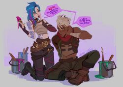 1boy 1girl arcane:_league_of_legends arcane_fractured_jinx arm_tattoo bare_shoulders belt black_pants blush brown_belt brown_gloves brown_pants closed_mouth cloud_tattoo dark-skinned_male dark_skin earrings ekko_(league_of_legends) english_text fingerless_gloves firelight_ekko gloves green_hair highres holding jewelry kammi_lu kneeling league_of_legends midriff multicolored_background multicolored_hair pants pink_hair speech_bubble striped_clothes striped_gloves tattoo two-tone_hair