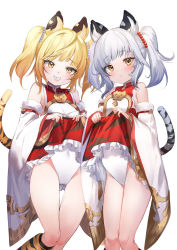 Rule 34 | 2girls, animal ears, animal print, bare shoulders, bell, blonde hair, blush, brown eyes, cindala (granblue fantasy), clothes lift, detached sleeves, dress, dress lift, erune, feet out of frame, fuyouchu, granblue fantasy, grin, hair bobbles, hair ornament, huang (granblue fantasy), jingle bell, leotard, lifted by self, looking at viewer, medium hair, multiple girls, pai (granblue fantasy), parted lips, siblings, silver hair, simple background, sisters, sleeveless, sleeveless dress, smile, tail, teeth, thigh gap, thighs, tiger ears, tiger girl, tiger print, tiger tail, twins, twintails, white leotard, wide sleeves